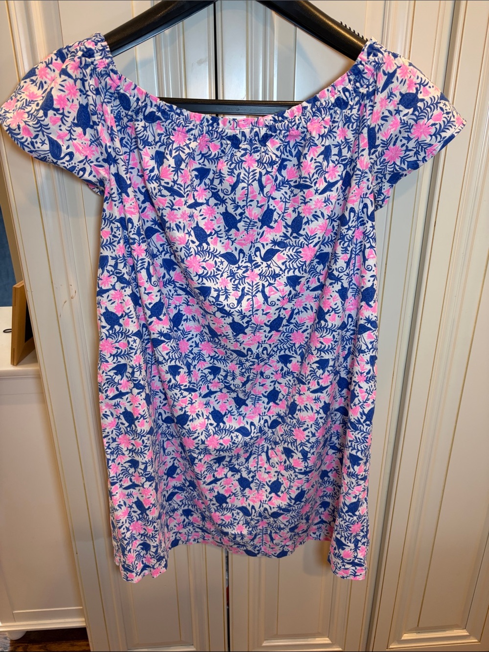 Vineyard Vines Off the Shoulder Dress Linen pink and navy Sea Life Women's Med